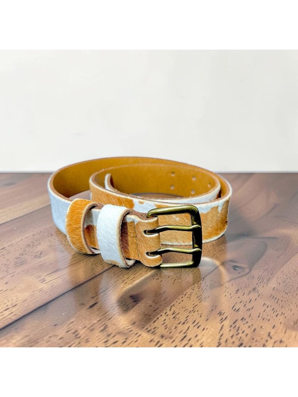 Madewell Calf Hair Belt Size XS 1.25W"x 35.5L" White & Brown Spotted Gold Buckle